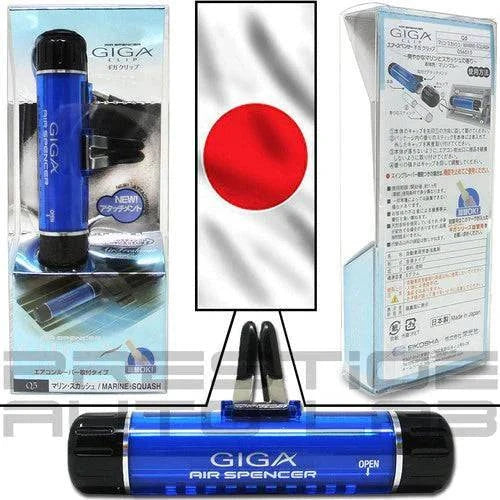 Air Spencer Giga Clip vent air freshener in Marine Squash scent, made in Japan, attached to car vent for fresh fragrance.