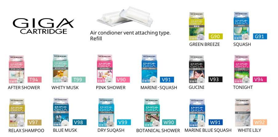 Two Air Spencer Giga Clip refills with assorted scents, designed for air freshener clips, featuring sleek packaging and colorful labels.