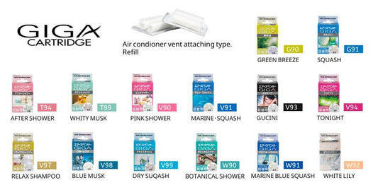 Assorted Air Spencer Giga Refill air fresheners with colorful packaging, designed for car fragrance enhancement.
