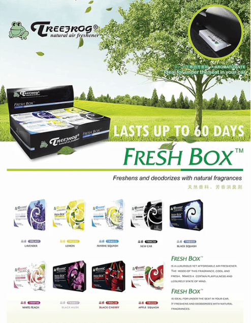 TreeFrog Xtreme Fresh natural air freshener Freshbox with 48 count, showcasing the colorful packaging and fresh scent.