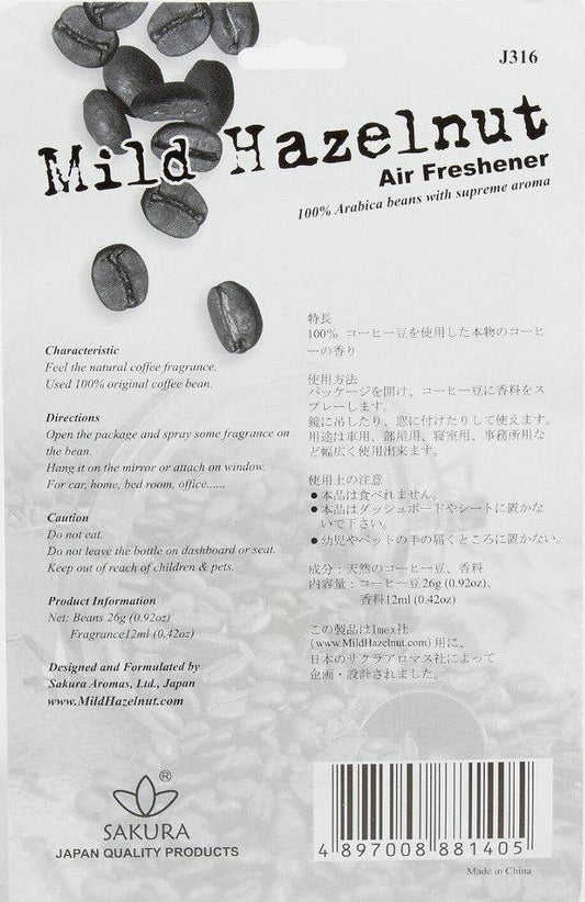 Sakura Hazelnut Coffee Air Freshener with 100% Columbia Hazelnut Coffee scent, showing the freshener in front of coffee beans.