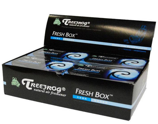12-pack Treefrog Display Treefrog Fresh Box Air Fresheners arranged in a display box with colorful packaging.