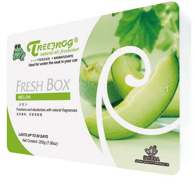 Treefrog Xtreme Fresh Box air freshener with a vibrant melon scent, featuring colorful packaging and a fruit-themed design.