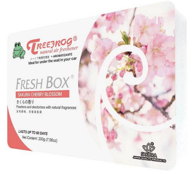 Treefrog Xtreme Fresh Box Cherry Blossom air freshener showing pink cherry blossom design and packaging.