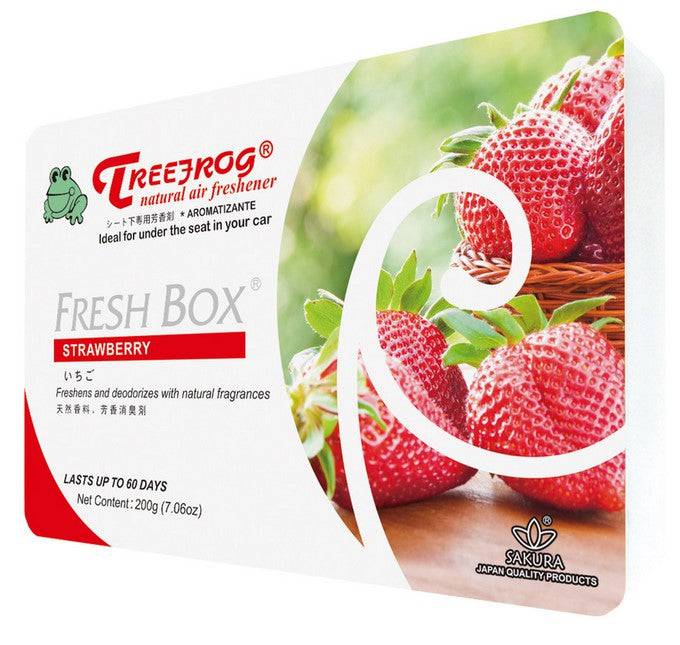 Treefrog Xtreme Fresh Box air freshener featuring a strawberry scent with a colorful, fruit-themed design.