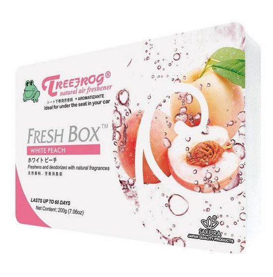 Treefrog Fresh Box air freshener with white peach scent, compact packaging, designed to add pleasant fragrance to indoor spaces
