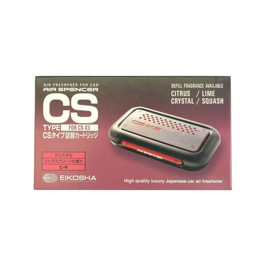 Air Spencer CS-X3 C-9 Crystal Air Freshener Refill showing the sleek, clear refill container with blue accents.
