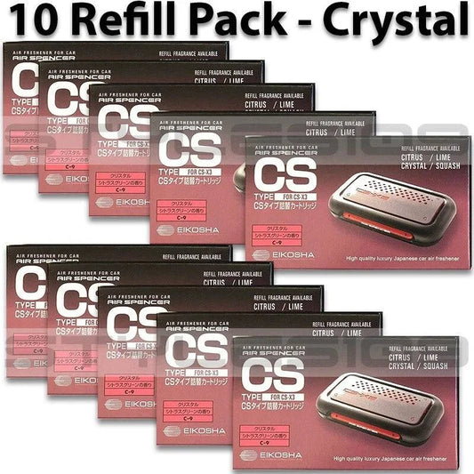 Pack of 10 Air Spencer Eikosha CS-X3 C-9 Crystal air freshener refills showing sleek, crystal scent refill bottles in a compact package.