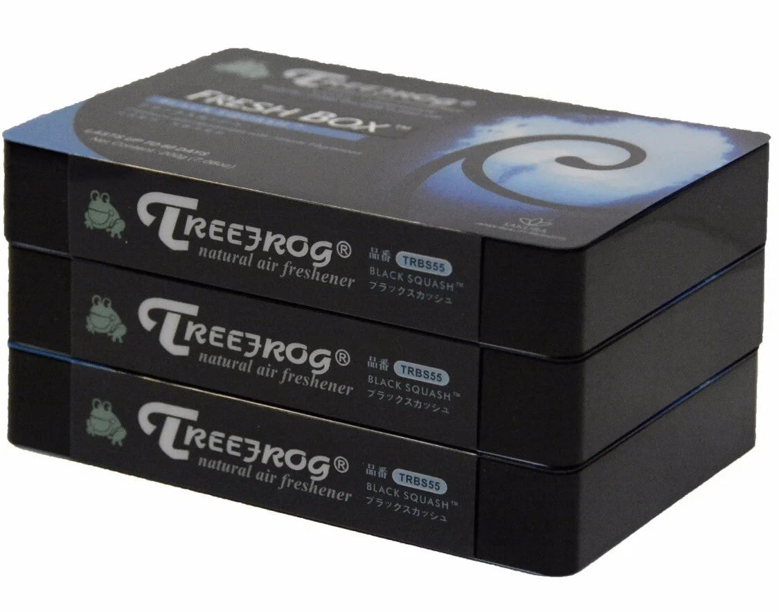 Three Treefrog Xtreme Freshbox air fresheners in black squash scent, displayed in a 3-pack, with black packaging.
