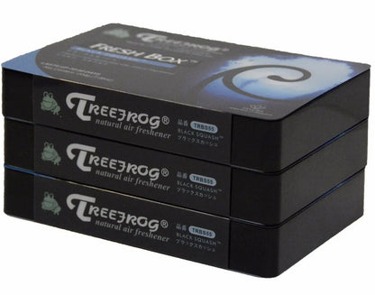 Three Treefrog Xtreme Freshbox air fresheners in black squash scent, displayed in a 3-pack, with black packaging.