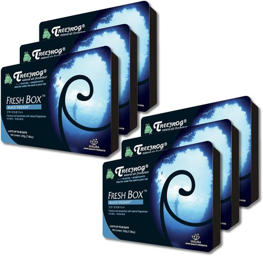 Six Treefrog Freshbox air fresheners with black squash scent, featuring sleek black packaging for fresh, fragrant spaces.