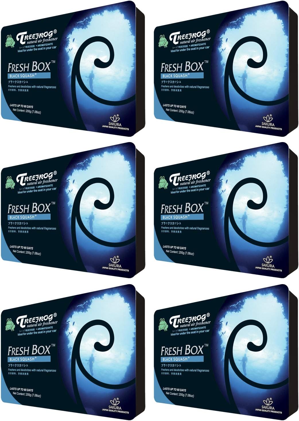 Six Treefrog Xtreme Freshbox air fresheners with black squash scent, featuring black packaging and fresh, vibrant design.