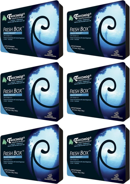 Six Treefrog Xtreme Freshbox air fresheners with black squash scent, featuring black packaging and fresh, vibrant design.