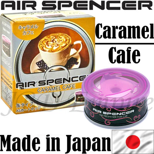 Air Spencer Caramel Cafe cartridge air freshener showing its packaging and design, made in Japan for fresh, pleasant scent.
