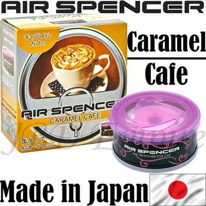 Air Spencer 100 Count Caramel Cafe Air Freshener Cartridge in packaging, made in Japan, designed for car air freshening.