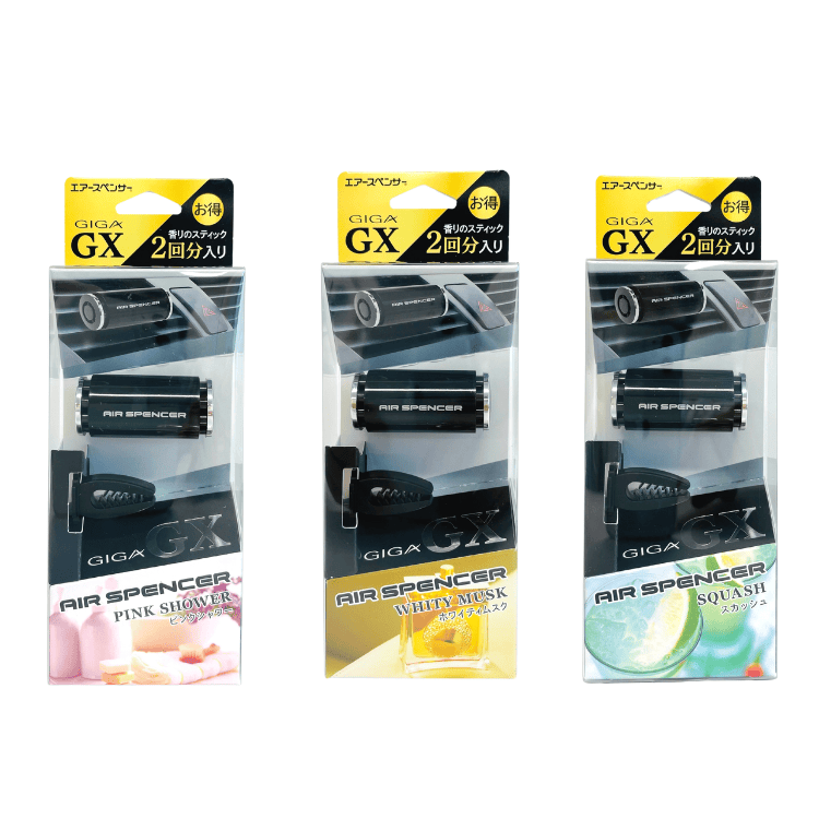 Air Spencer Giga GX clip-on vent air freshener attached to car vent, compact design for freshening vehicle interiors.