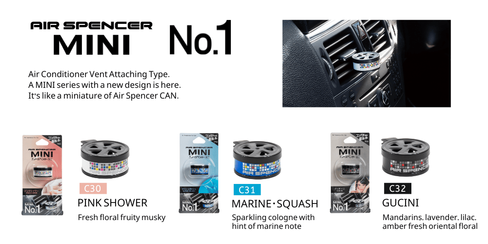 Air Spencer MINI No. 1 vent air freshener in a compact, sleek design with a black finish, designed to attach to vehicle vents.