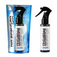 Air Spencer Marine Squash spray bottle from Eikosha with the product label visible, used for car air freshening.