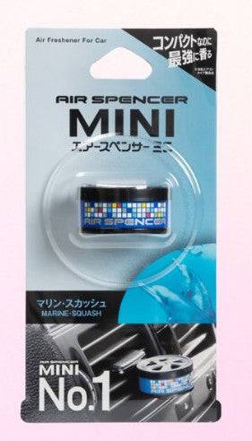 Air Spencer MINI No. 1 Series vent air freshener attached to car vent, compact design, fresh scent, black and silver finish.