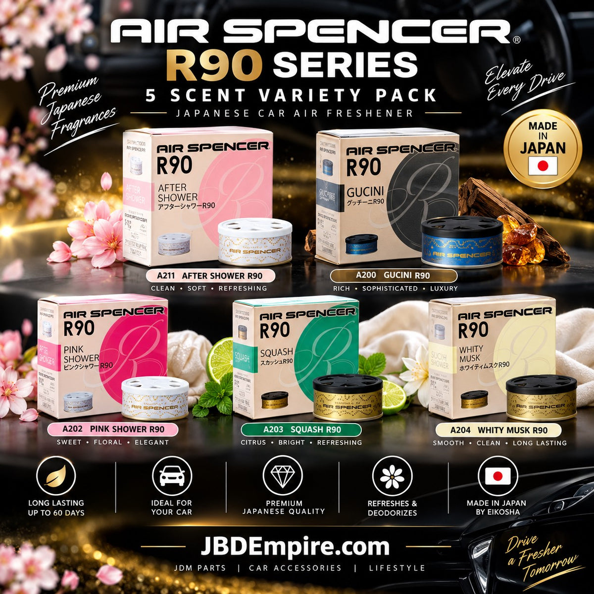 Air Spencer R90 Variety 5-pack car air freshener cartridges, compact and colorful scent cartridges for vehicle freshness