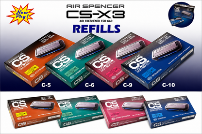 Four-pack of Air Spencer CS-X3 air freshener refills, including C-10 Squash scent, for use with CS-X3 air freshener cases.