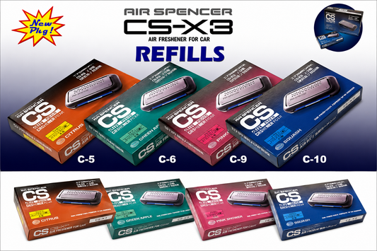 Four-pack of Air Spencer CS-X3 air freshener refills, including C-10 Squash scent, for use with CS-X3 air freshener cases.
