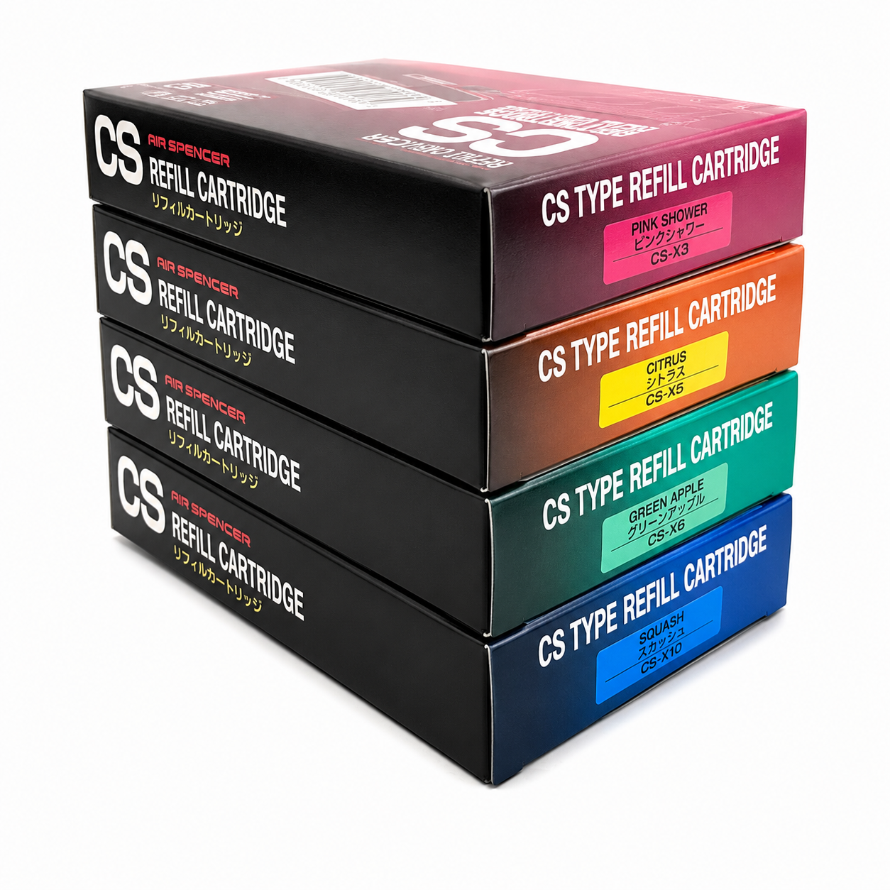 Four Air Spencer CS-X3 air freshener refills, including C-10 Squash scent, in a variety pack for car odor freshening.