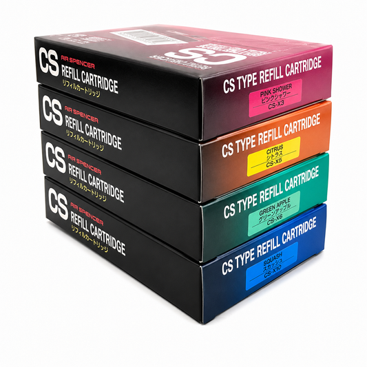 Four Air Spencer CS-X3 air freshener refills including C-10 Squash scent, designed for use with Air Spencer car freshener case.