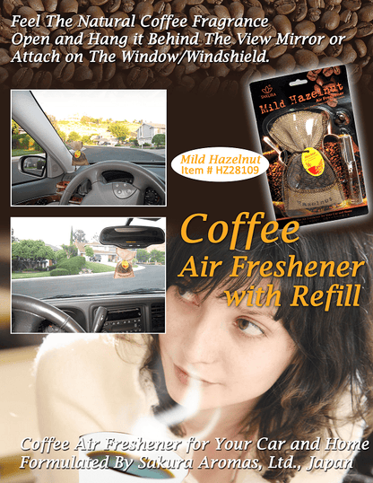 Sakura Coffee Air Freshener with 100% Colombian Hazelnut Coffee scent, shaped like a coffee bean, freshens the air naturally.