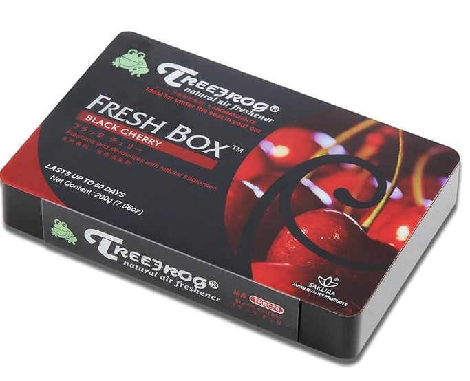 TreeFrog Xtreme Fresh natural air freshener Freshbox with black cherry scent, showing the compact black packaging and product label.