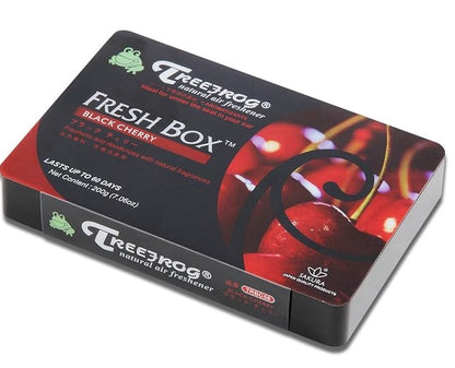 TreeFrog Xtreme Fresh natural air freshener Freshbox with black cherry scent, showing the compact black packaging and product label.