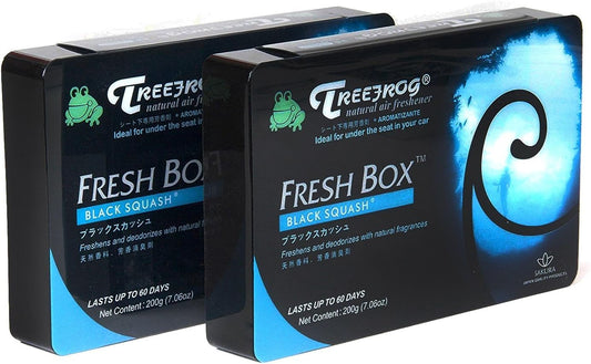 Two Treefrog Xtreme Freshbox air fresheners in black squash scent, designed to freshen indoor spaces with natural fragrance.