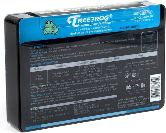 Back view of Treefrog Xtreme Freshbox air freshener in black squash scent, showcasing its compact design and branding.
