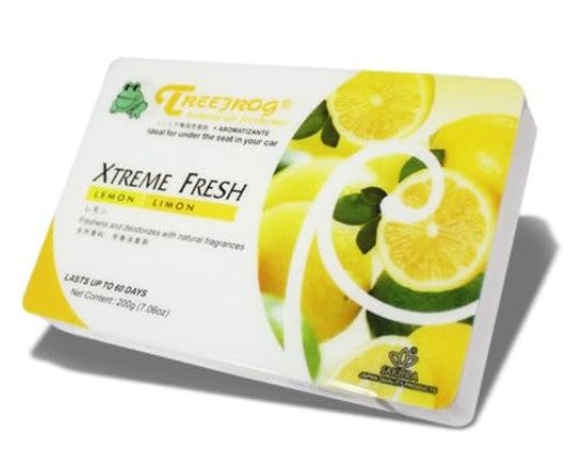 Box of 48 TreeFrog Xtreme Fresh Natural Air Freshener Freshbox with lemon scent, featuring a bright yellow and white packaging design.