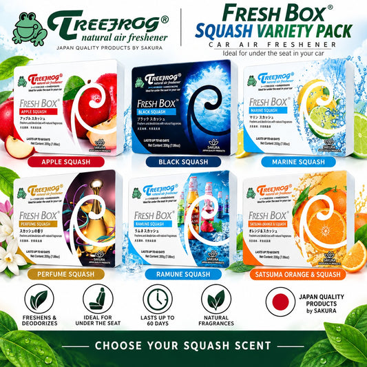 Treefrog Japanese Car Air Freshener 6-pack with squash variety, featuring colorful, fresh-scented treefrog-themed designs for vehicle freshness.
